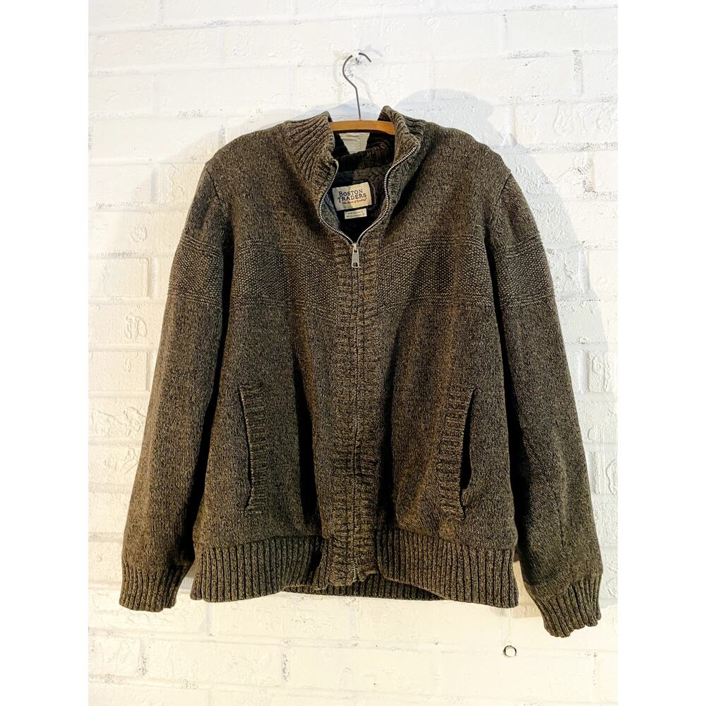 Boston Traders Men’s Large Full Zip Sweater Jacket Brown Knit Mock Neck Pockets